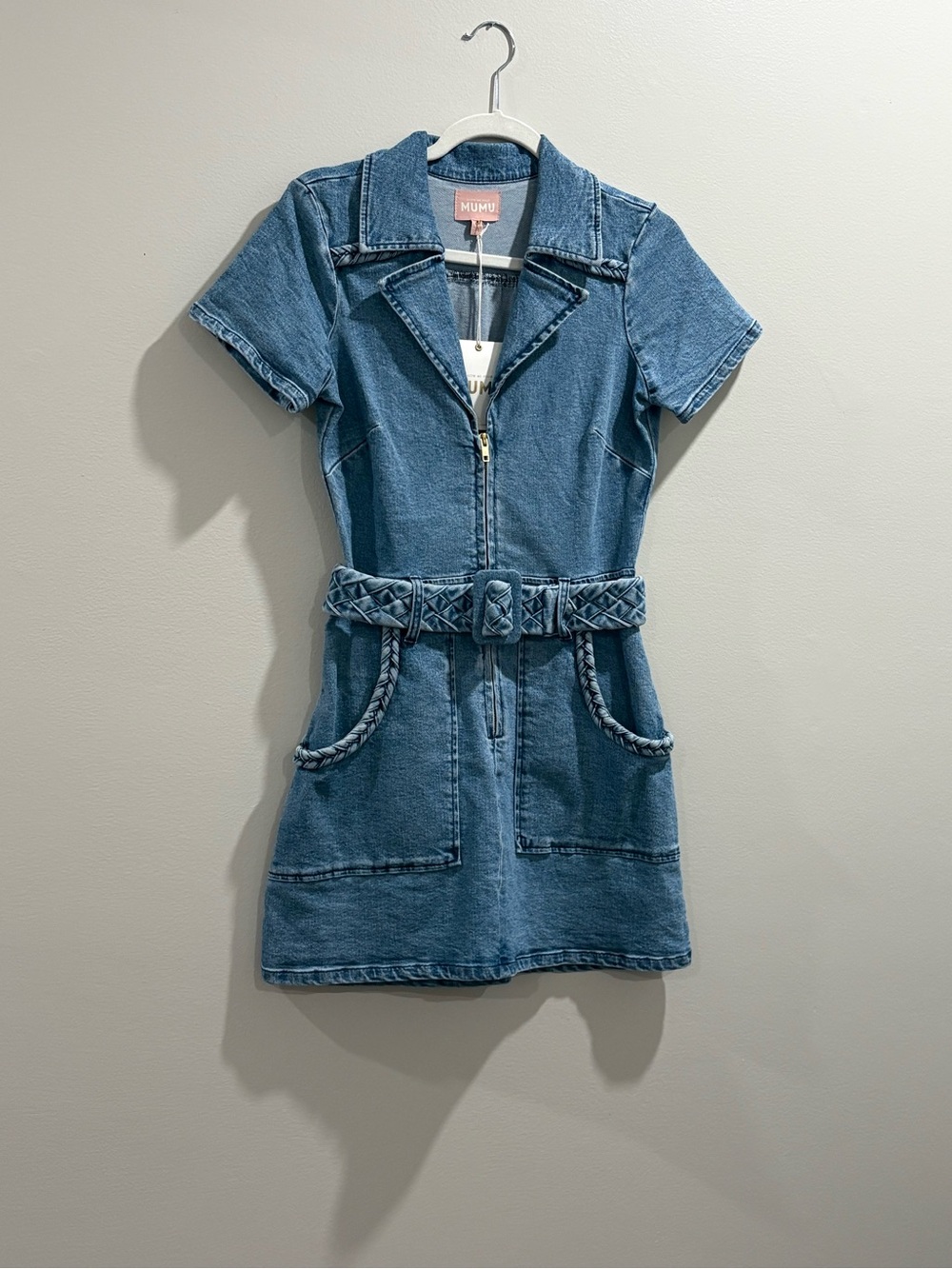 Show Me Your MuMu- Blue Denim Zip-Front Belted Dress